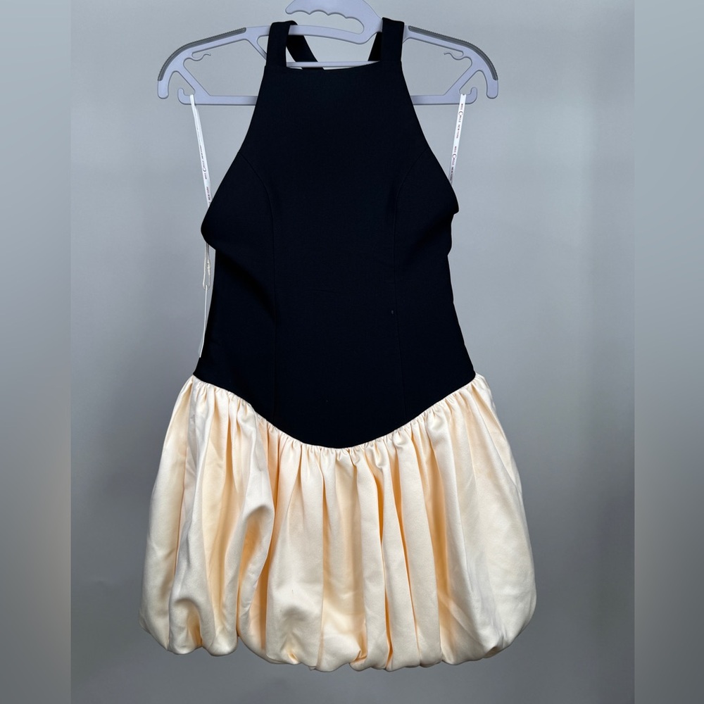 Miss Circle Yaira Backless Drop Waist Mini Bubble Dress in black and cream